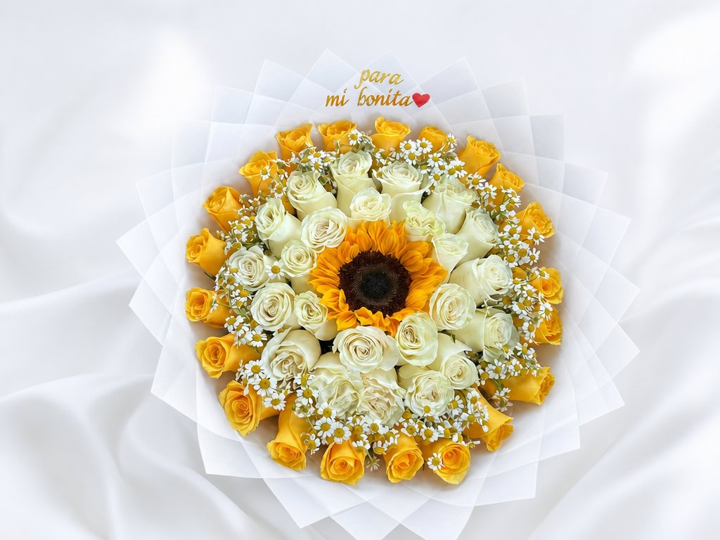 Yellow and ivory roses ringed around a single sunflower with chamomile, in a Para Mi Bonita white wrap