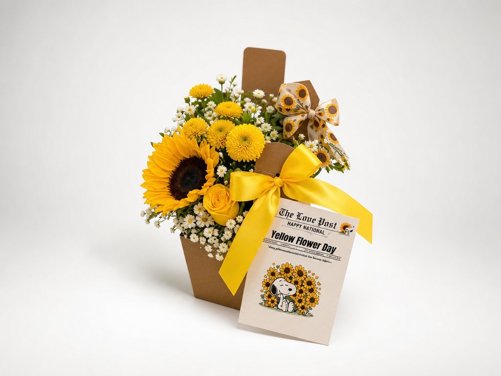 Sunflower, yellow mums, daisies, and baby's breath in a kraft box with a sunflower ribbon and a Yellow Flower Day keepsake card