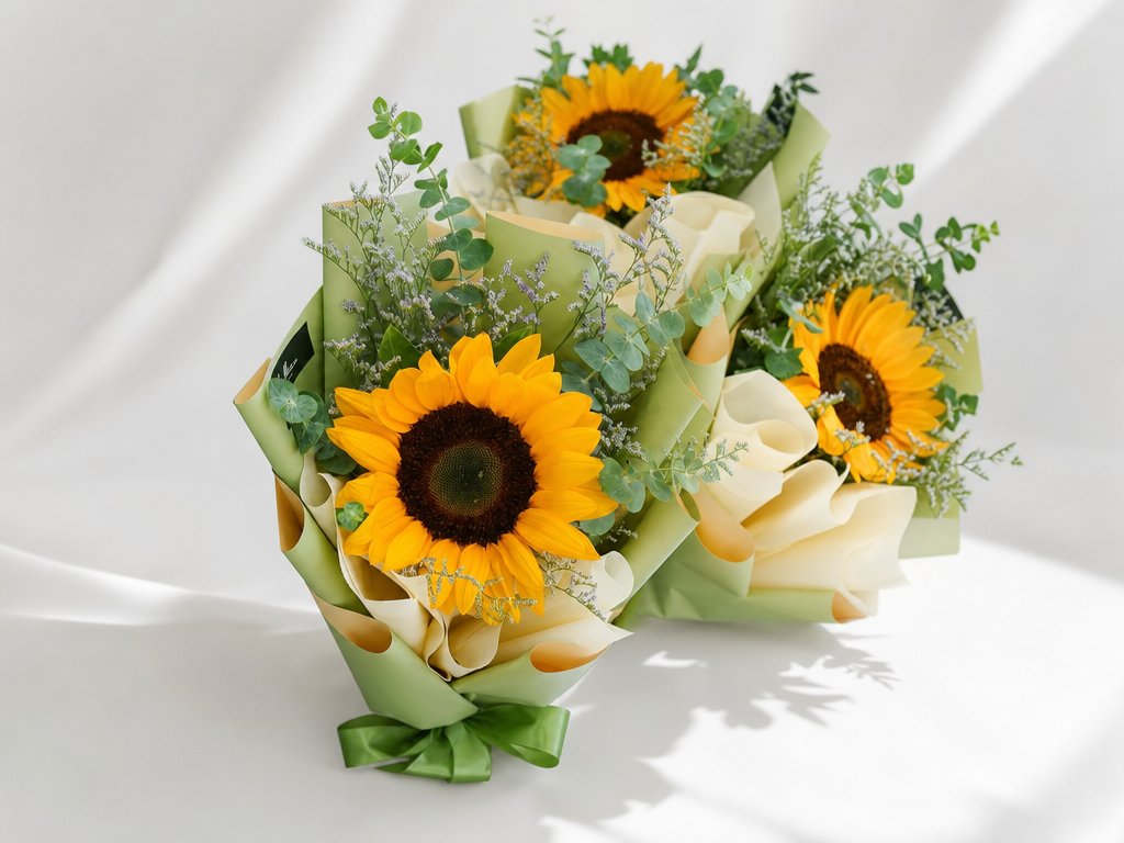 A single sunflower wrapped with eucalyptus and airy greenery in soft sage paper tied with a green ribbon