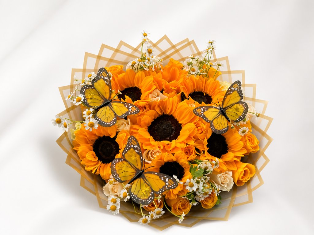 Sunflowers and yellow roses with white daisies and bright butterflies in a gold geometric wrap
