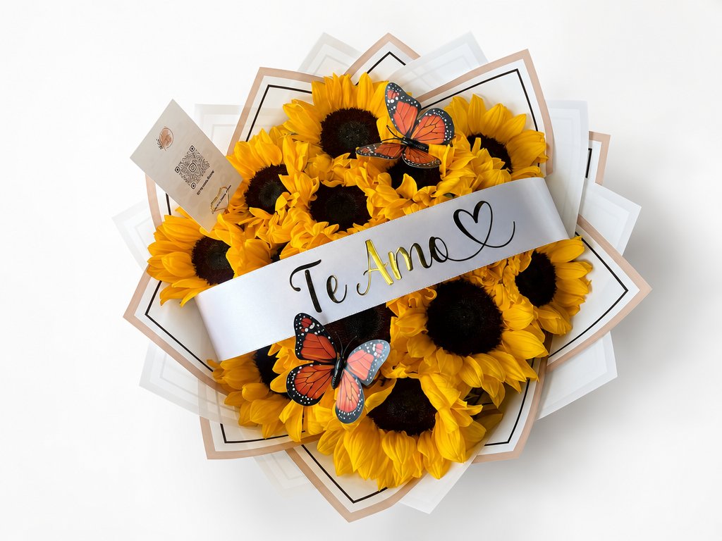 A full bouquet of sunflowers with monarch butterflies and a satin Te Amo sash