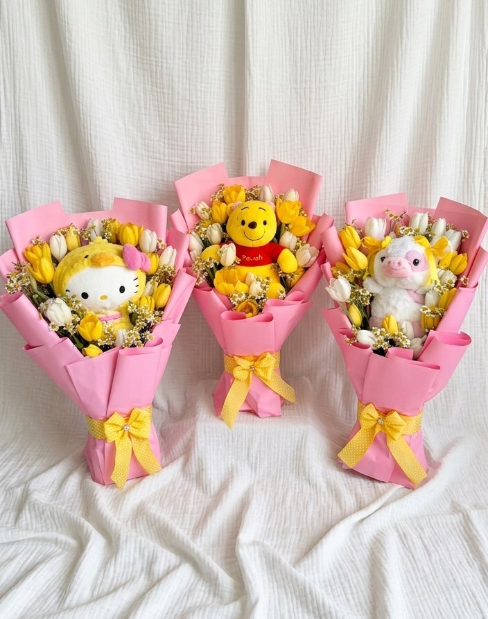 Yellow and white tulips wrapped in pink paper with a cuddly plush tucked in and a yellow bow
